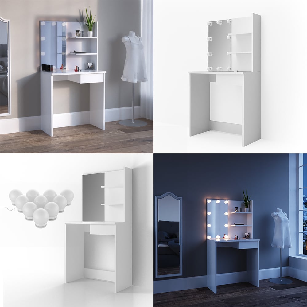 Vicco Schminktisch Dekos Kosmetiktisch Frisierkommode Frisiertisch Spiegel Weiß inklusive LED-Lichterkette