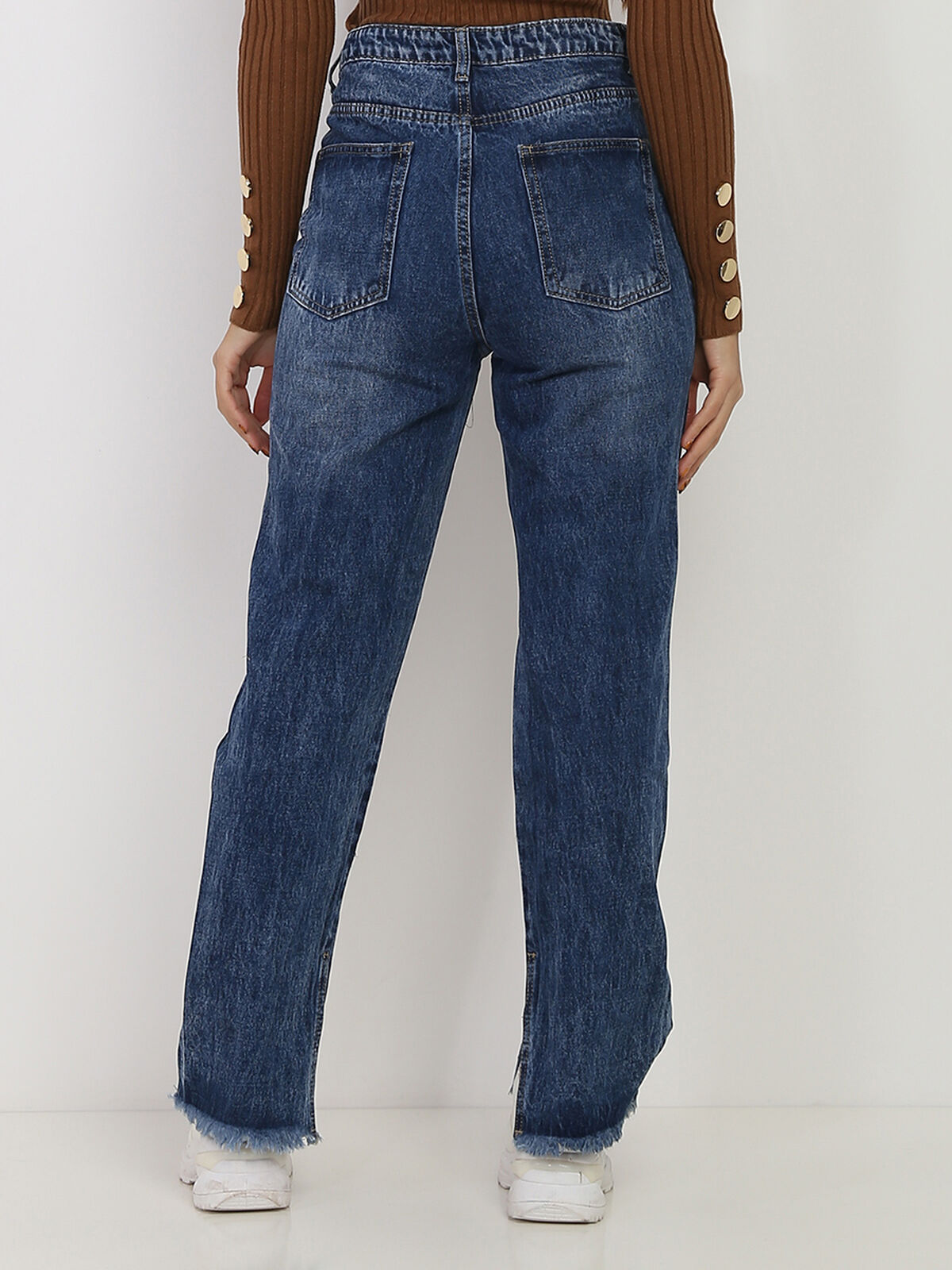 Jeans large destroy à taille haute- Bleu