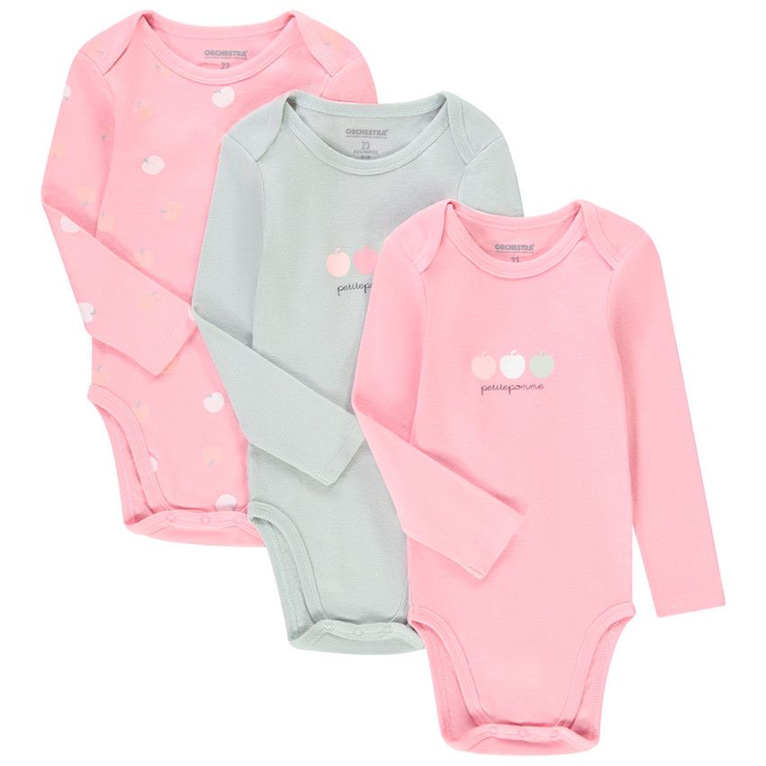 Lot de 3 bodies manches longues en coton imprimé pour bébé fille - Multicolore