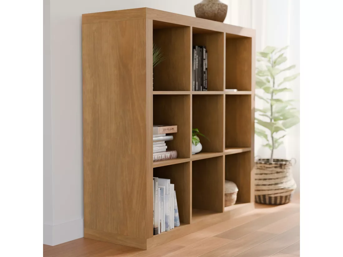 Etagère bibliothèque cubique 3 niveaux 9 compartiments. casiers. effet bois de manguier. L 111.2 x P 39 x H 111.2cm
