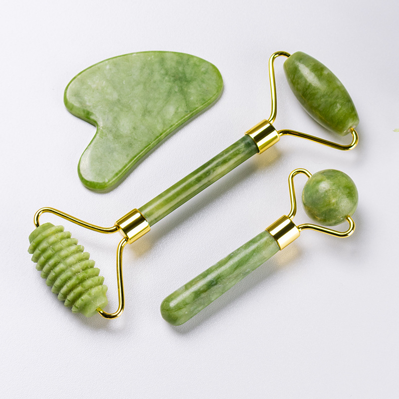 (3-tlg. Set) Gua Sha Jade Roller Gesichts Massage Stein - Grün