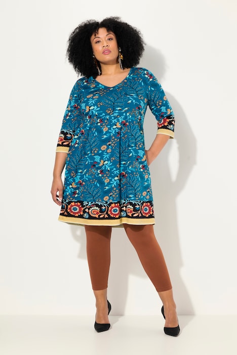 Jerseykleid, Blüten, A-Linie, V-Ausschnitt, 3/4-Arm