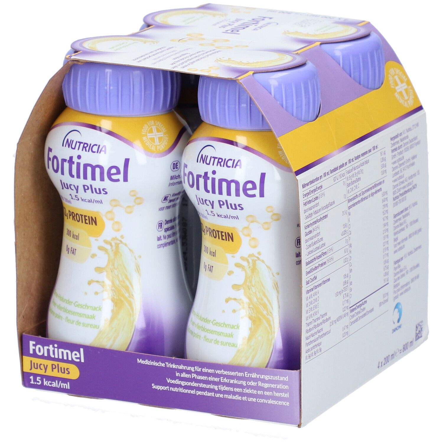 Fortimel® Jucy Plus Birne-Holunder – Hochkalorische Trinknahrung mit vielen wichtigen Nährstoffen – 300 kcal und 12 g Eiweiß pro Flasche