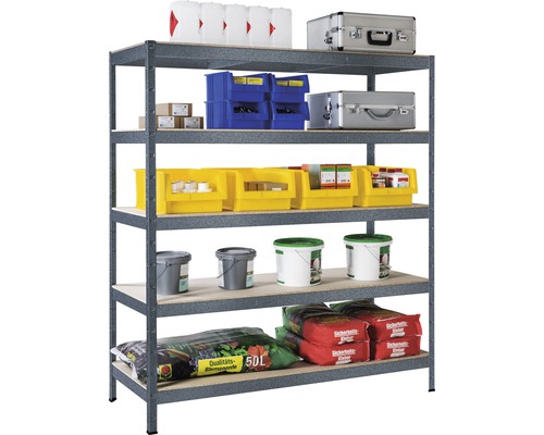 Zware boutloze stellingkast Schulte grijs 200x160x60 cm 5 houten planken draagvermogen 1250 kg
