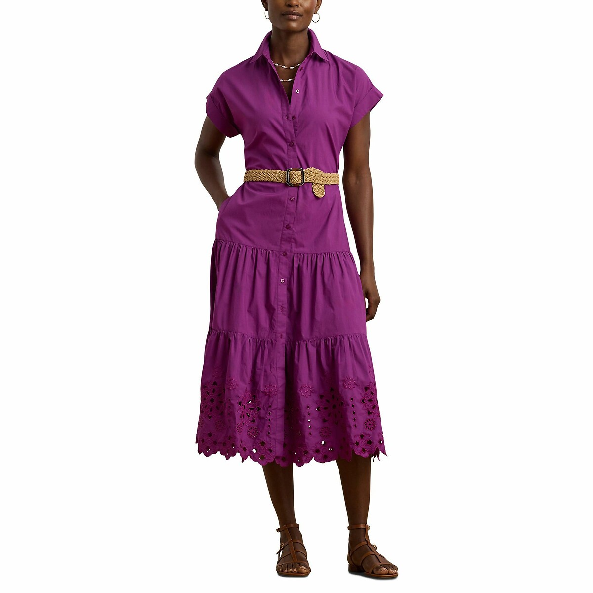 LAUREN RALPH LAUREN<br>Vestido midi com babados, mangas curtas, RALILA