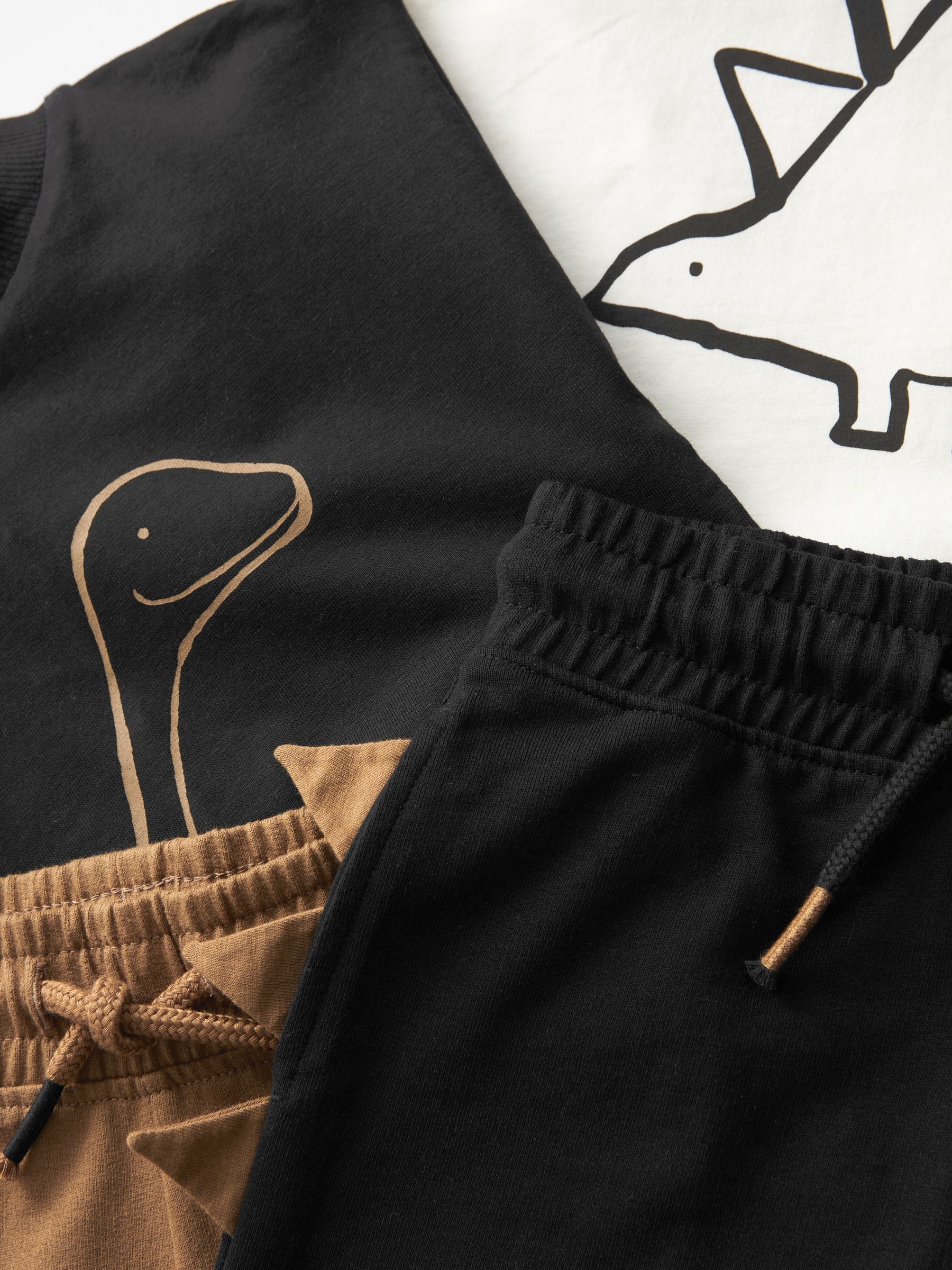 Zwart/lichtbruine dinosaurus - Set van 2 T-shirts met korte mouwen en shorts (3 mnd - 7 jr) (3 mnd - 7 jr)