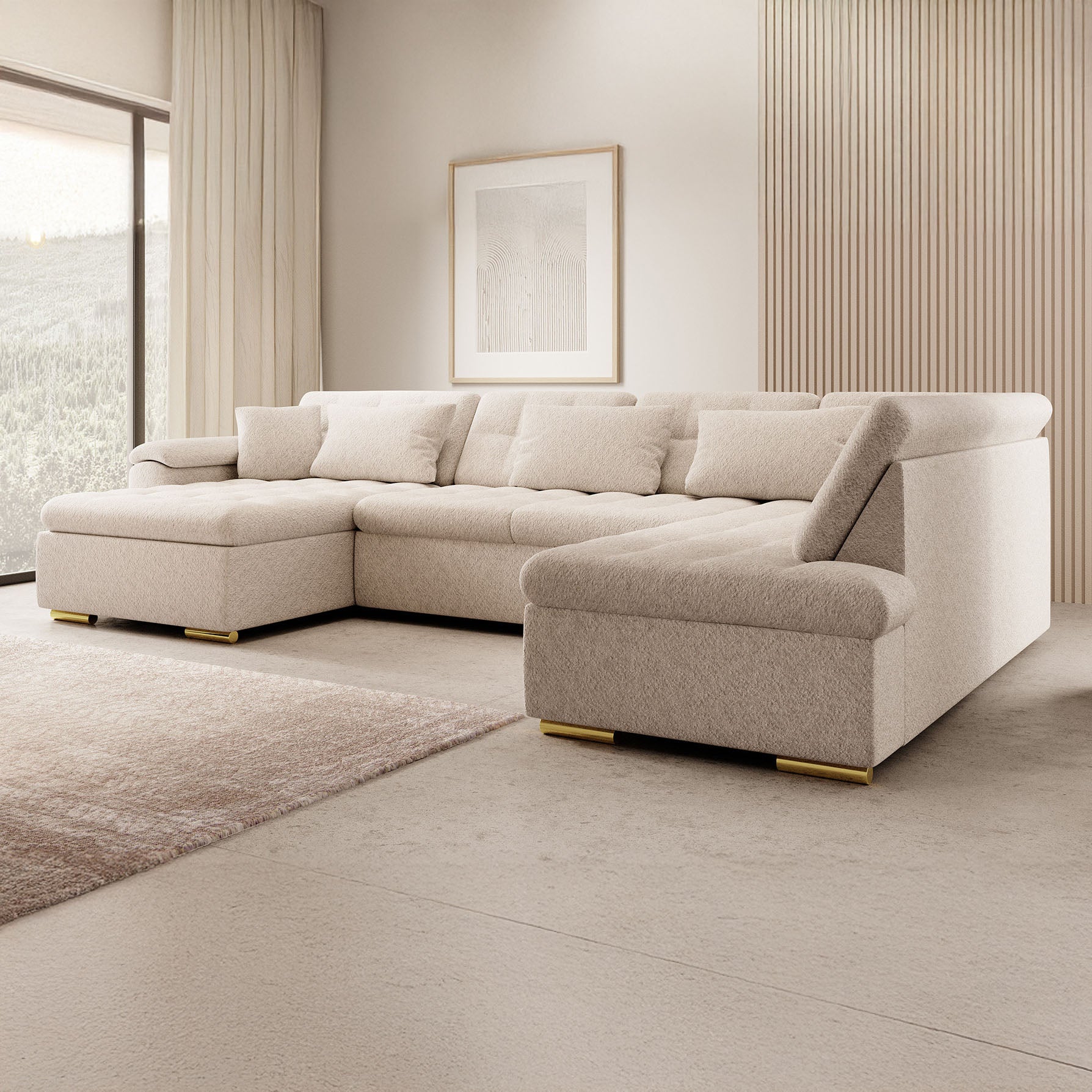 Nicoreta - Hoekbank 5-zits met chaise longue - Teddystof beige - Links
