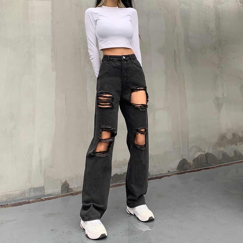Genrovia - Hoge taille jeans met rechte pijpen en distressed look