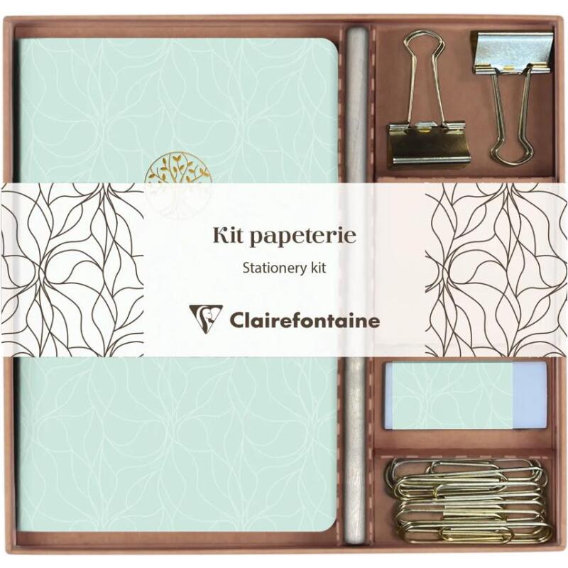 Inspire, Kit de papeterie contenant un carnet 11x17 cm 64 pages lignées, un crayon de papier, 2 pinces doubles-clip, 10 trombones et une gomme