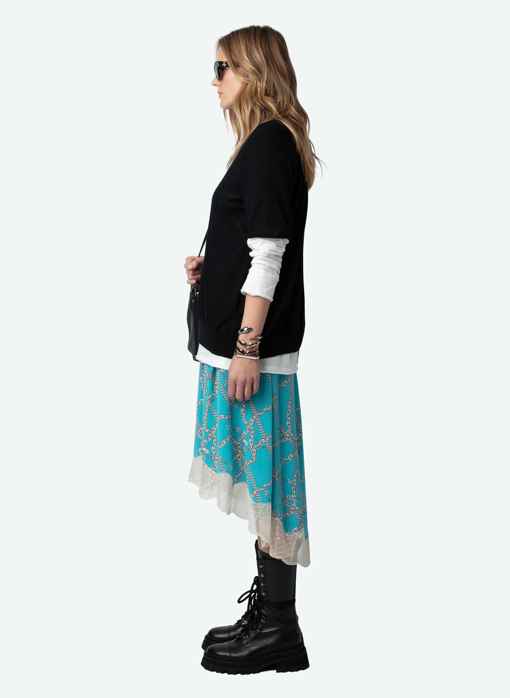 JOSLIN - Jupe midi asymétrique en soie | Bleu