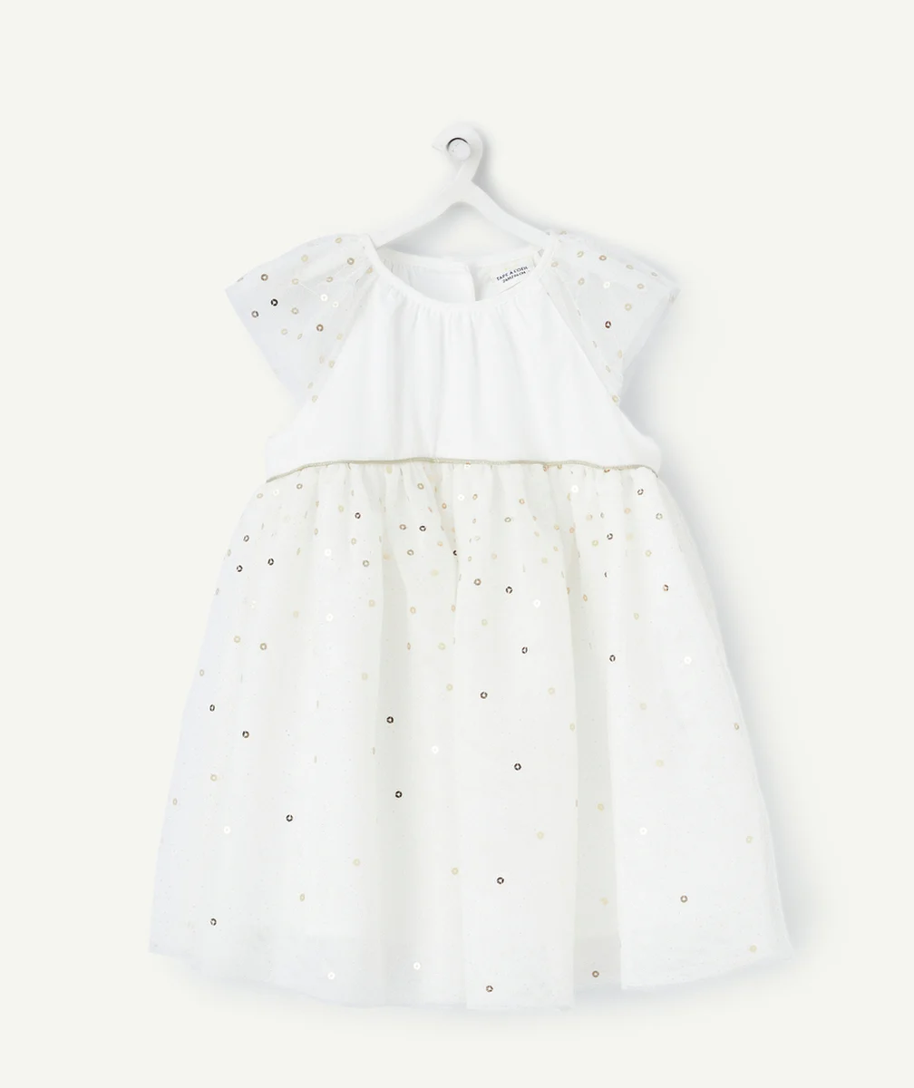 ROBE CRÉATEUR 2023 BÉBÉ FILLE EN TULLE BLANCHE AVEC SEQUINS COULEUR DORÉE