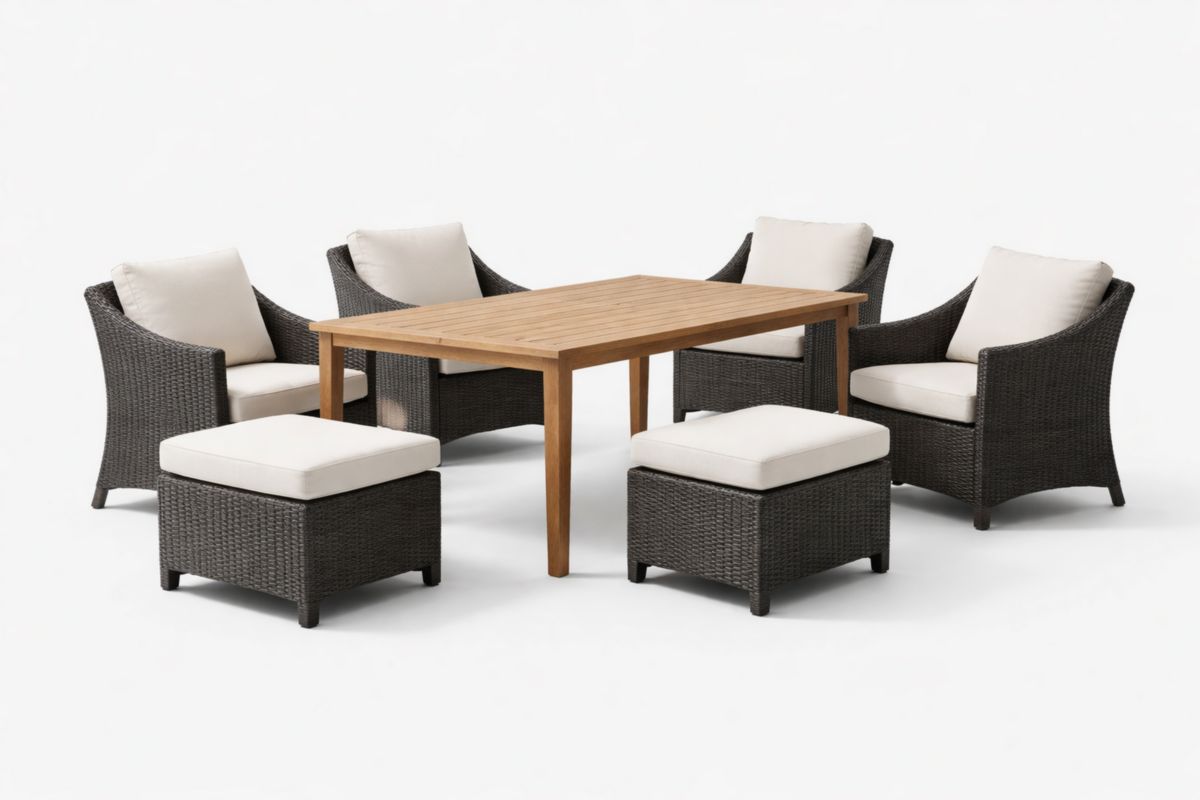 Gartenmöbelset aus Polyrattan und Teakholz mit Beigen Kissen