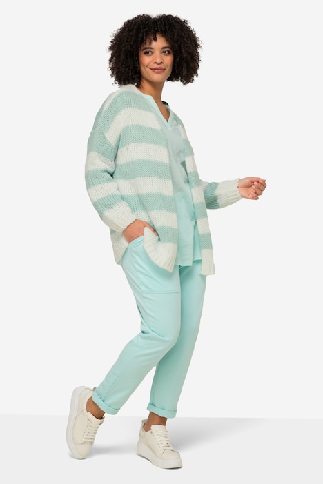 Strickjacke, oversized, Blockstreifen, offene Form, V-Ausschnitt, Langarm
