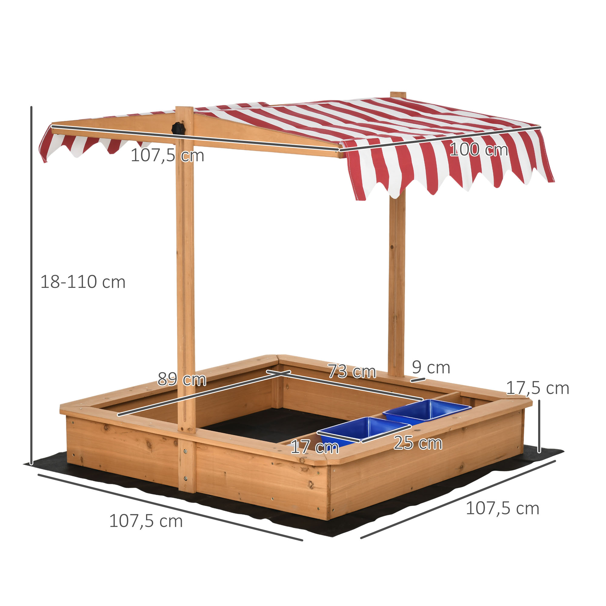 Caixa de areia infantil de madeira Outsunny com teto inclinável ajustável em altura e 2 baldes de plástico, caixa de areia para jardim para crianças a partir de 3 anos, 107,5 x 107,5 x 110 cm, natural