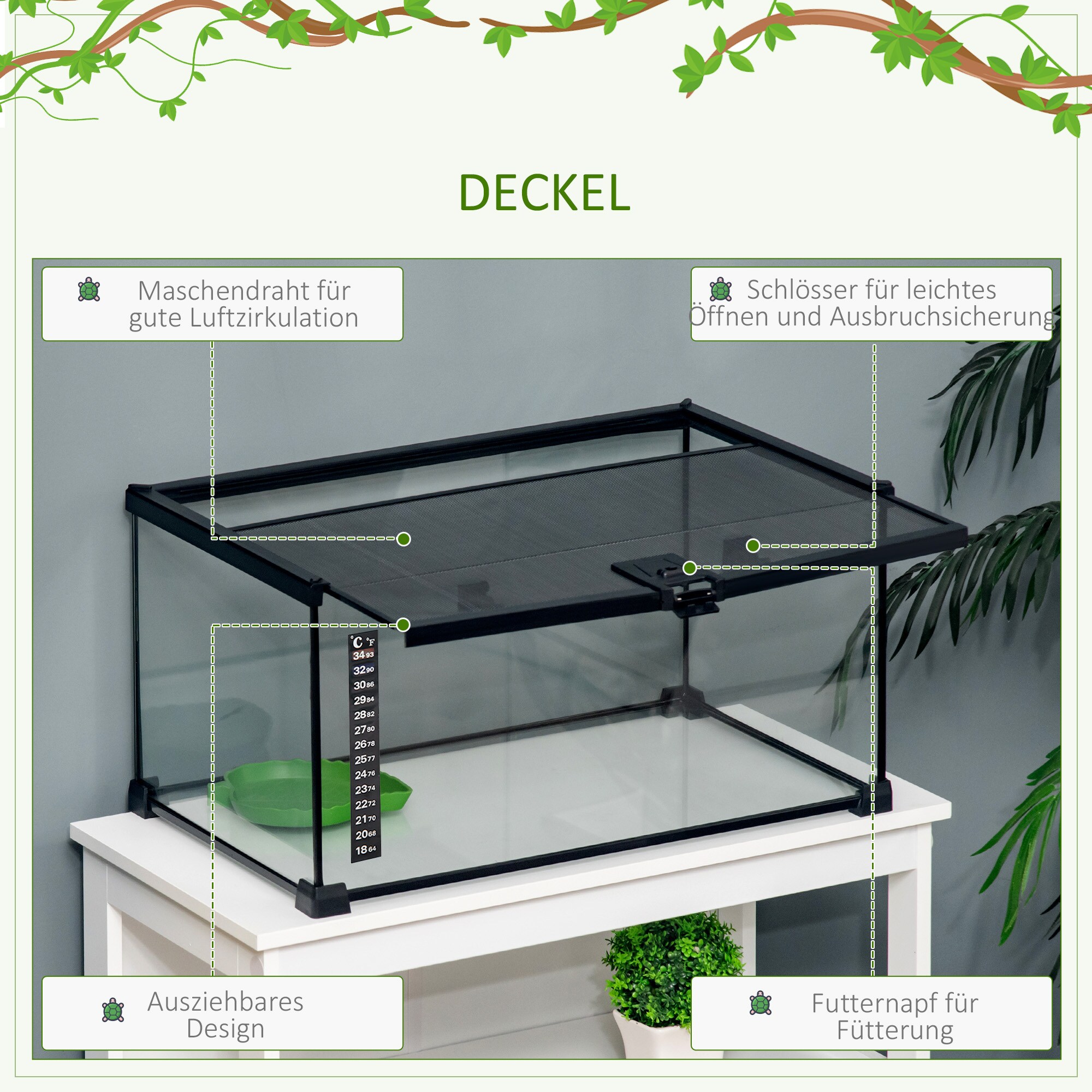 PawHut Terrarium mit abschließbarem Meshdeckel schwarz 50L x 30B x 25H cm