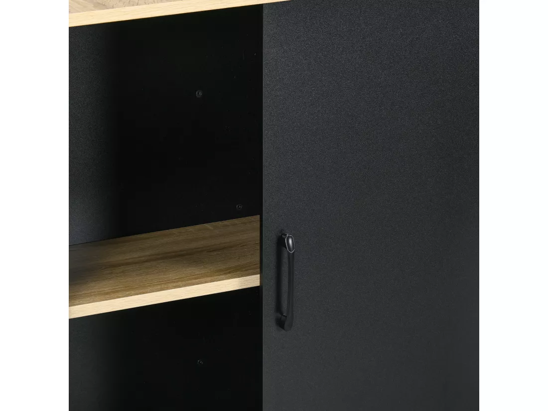 Îlot de cuisine multi-rangement - 2 étagères, placard 2 portes coulissantes avec étagère, porte couteaux - acier panneaux noir chêne clair