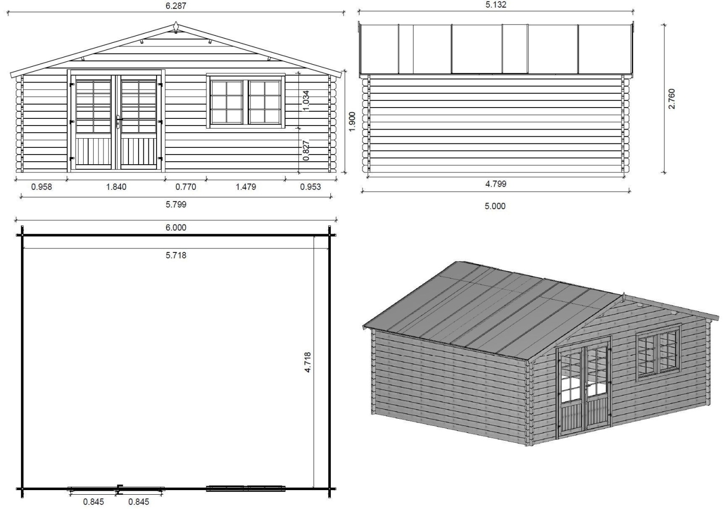 Abri de jardin en bois - 30m2 - 6x5m - ep. 40mm - couleur: naturel