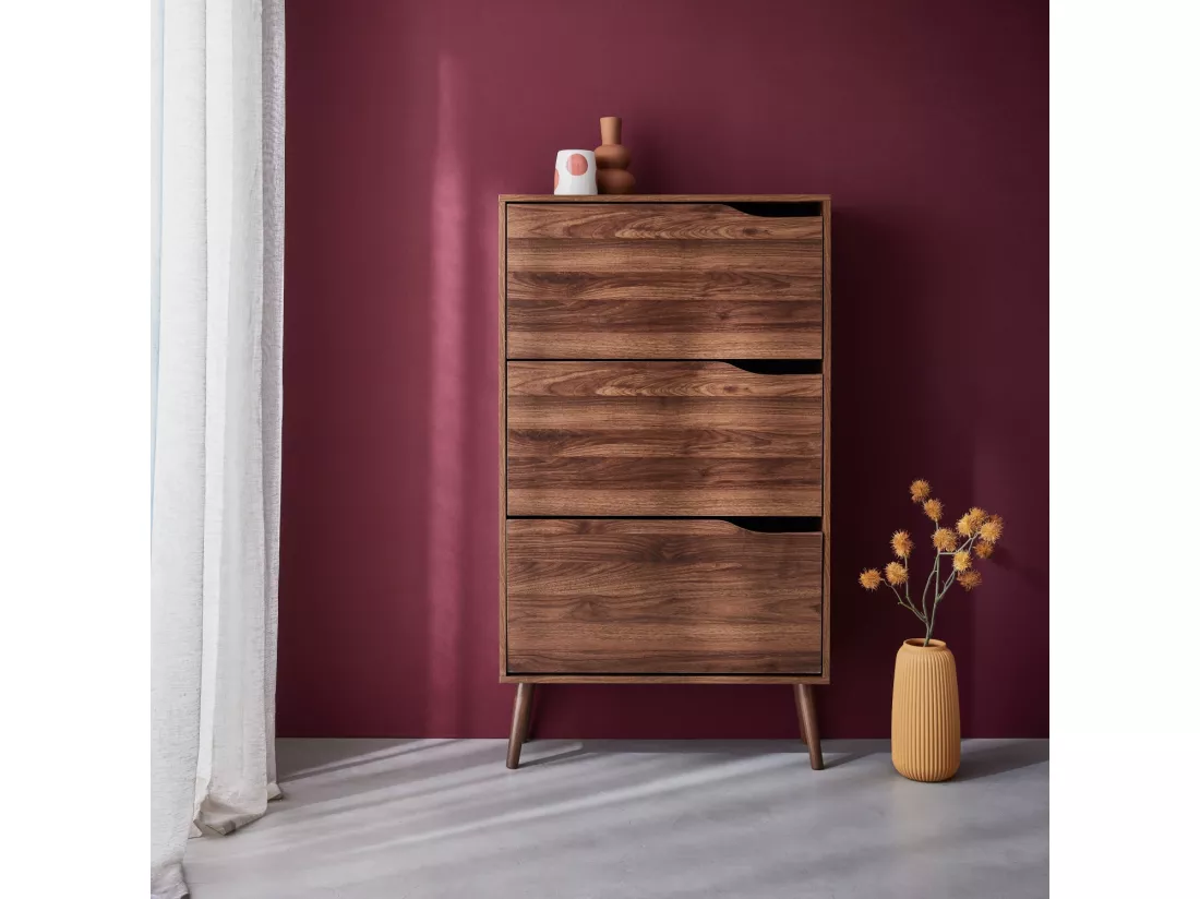 Meuble à chaussures scandinave décor noyer 3 portes abattantes capacité 18 paires de chaussures