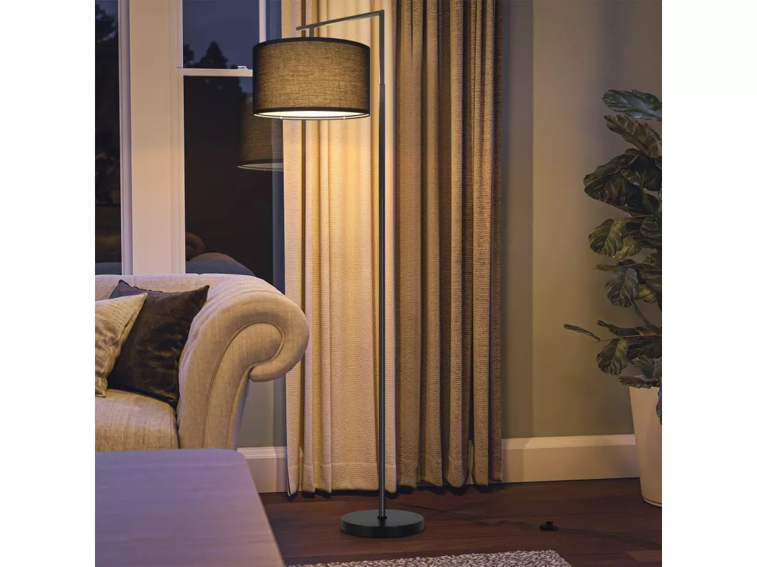 NETTLIFE Lampadaire salon noir : tissu design moderne douille E27 max 40W avec interrupteur au pied lampe de lit 166cm sans ampoule.
