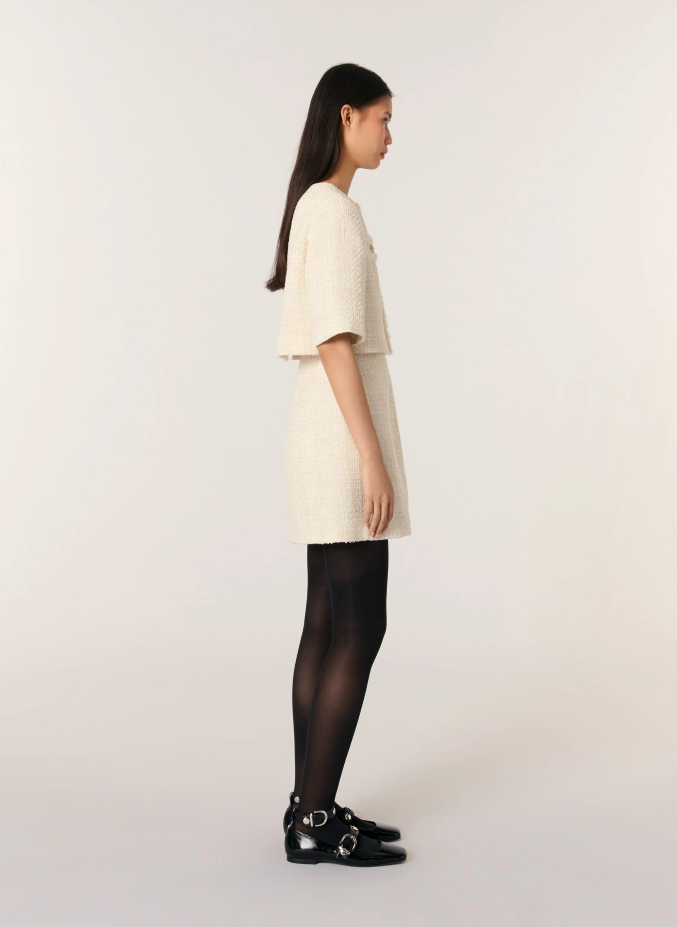 Robe courte col rond en coton mélangé | Beige