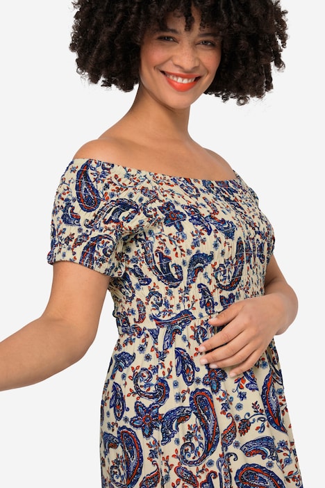 Jersey-Maxikleid, A-Linie, Paisleydruck, gesmokte Büste, Halbarm