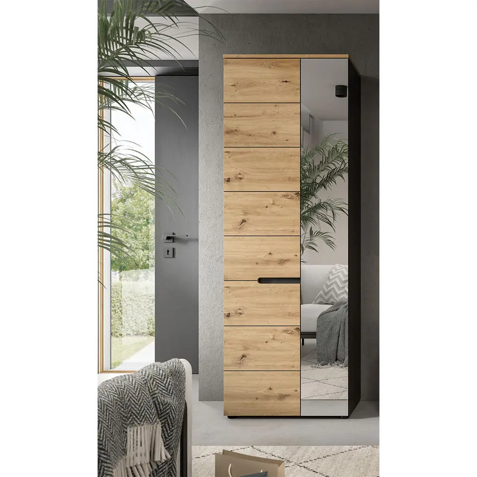 Hioshop Canu kledingkast 1 deur eiken decor- spiegel