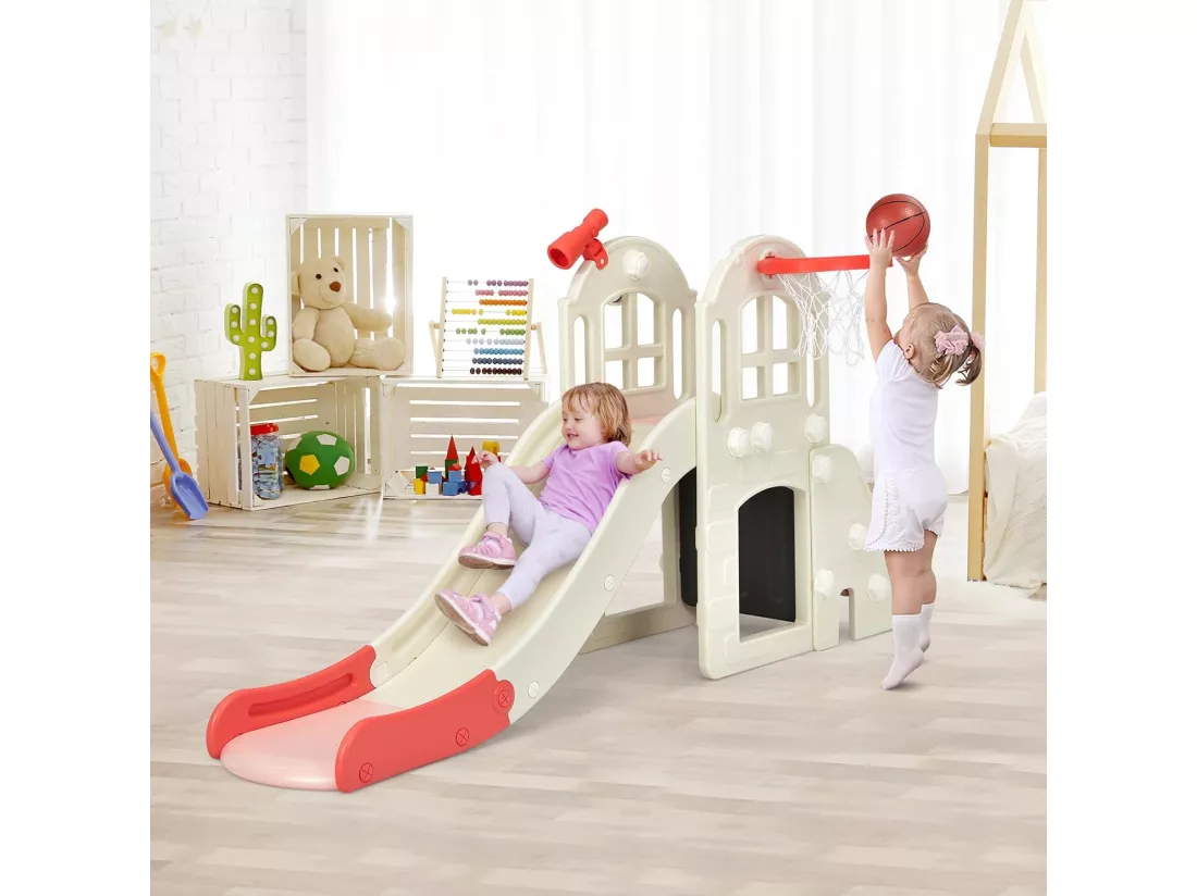 Toboggan 6 en 1 pour Enfant - Glisse de 140 CM - avec Panier de Basket, Escalade, Lancer d'Anneaux et Télescope,Toboggan Intérieure,Aire de Jeux Extérieure 3-8 Ans, Rose