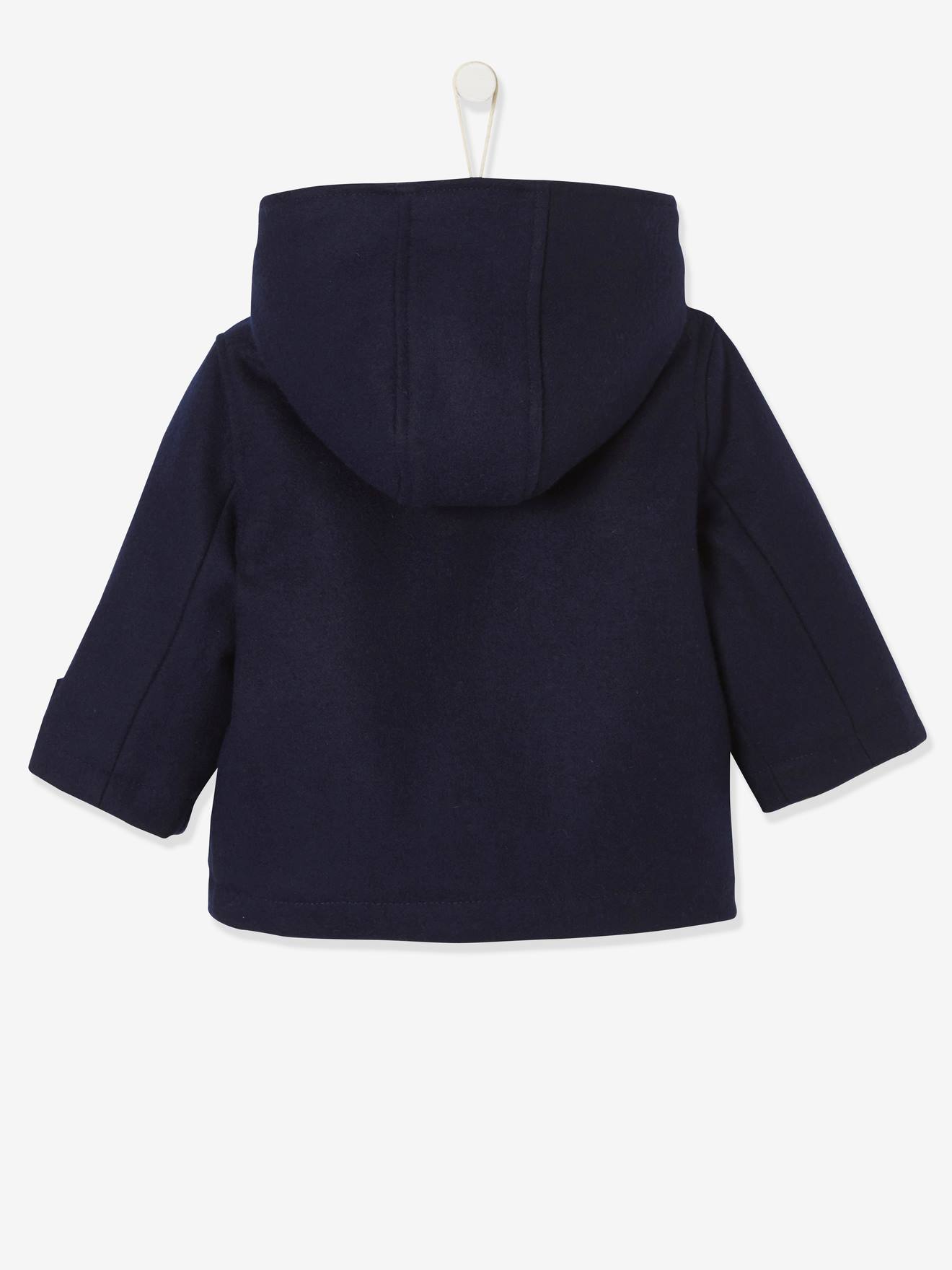 Casaco austríaco de lã com capuz, para bebê, azul escuro liso com estampas.