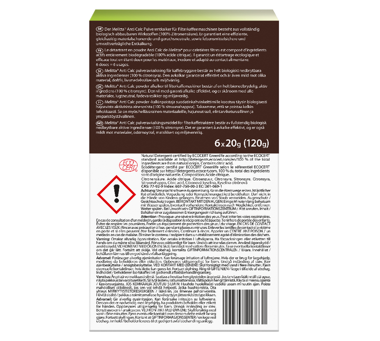 Détartrant MELITTA pour cafetières filtres poudre (6x20g)