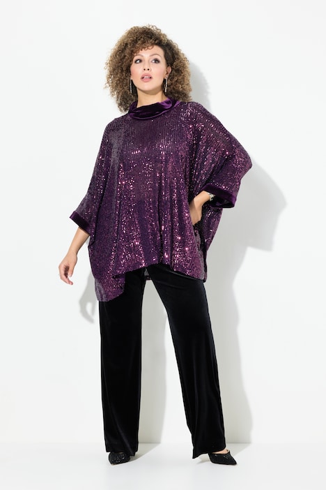 Pailletten-Shirt, Oversized, Samt-Rollkragen, Halbarm