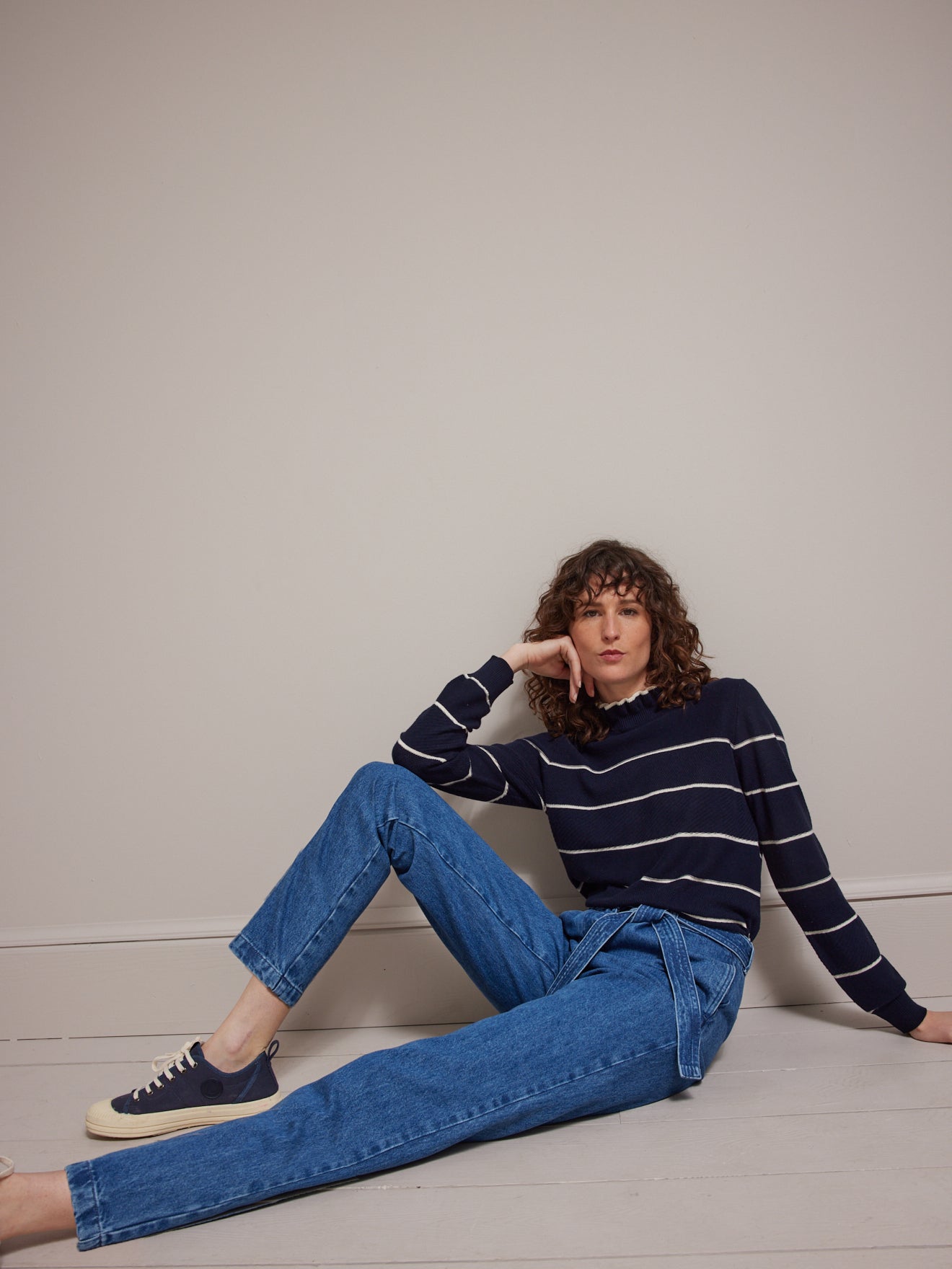 Pull marin col volanté femme coton et cachemire