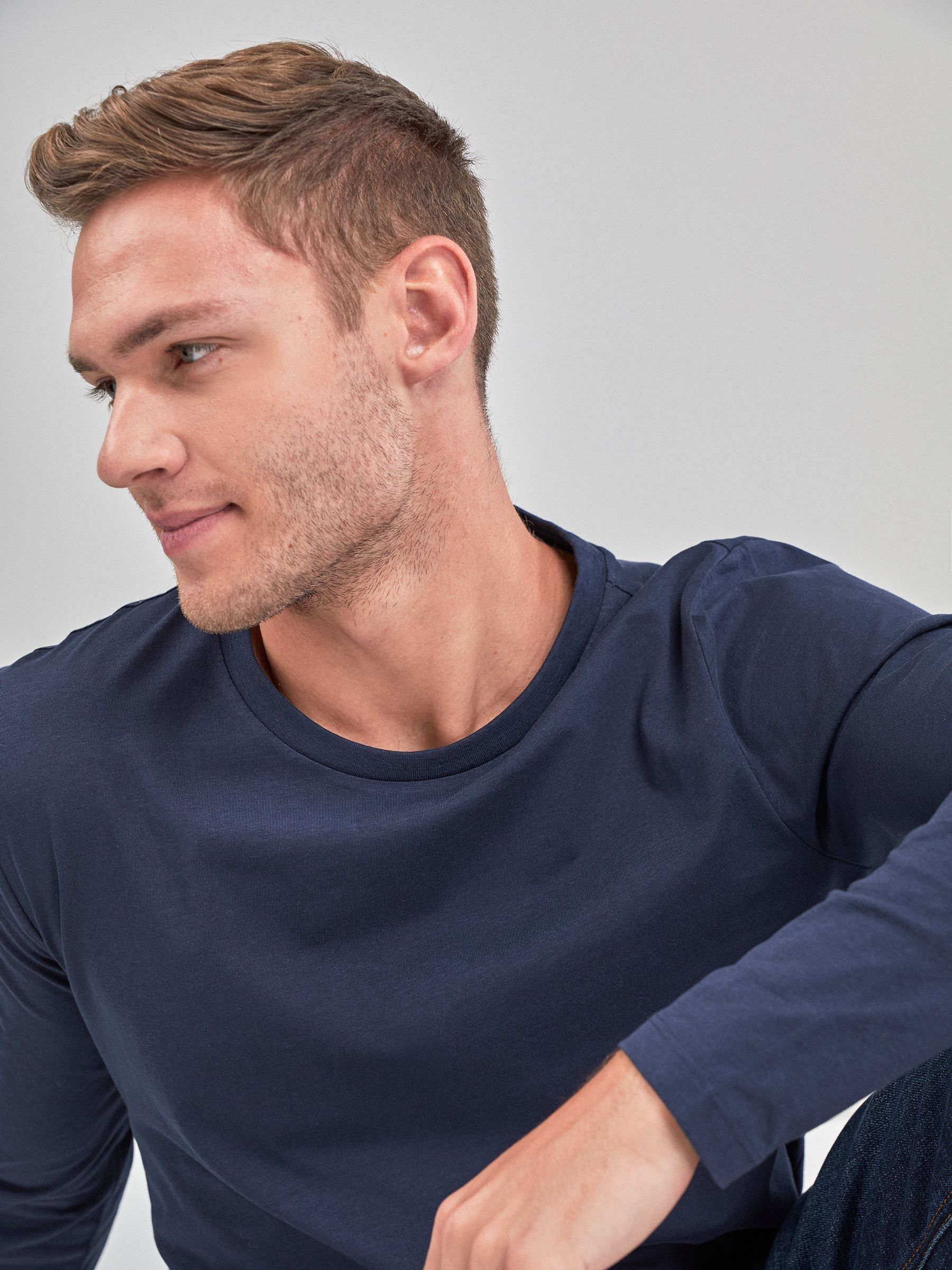 Donkerblauw - Normale Pasvorm - T-shirt met lange mouwen en ronde hals