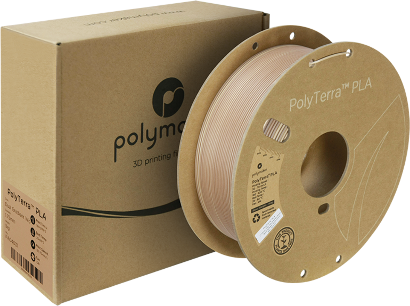 Polymaker  PolyTerra Dual-Gradient PLA Wood, 1,75 mm / 1000 g    Umweltfreundliches PLA-Filament mit Farbverlauf