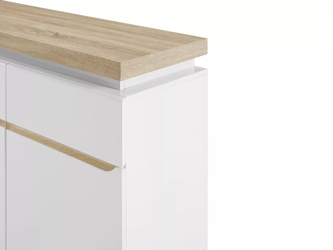 Buffet 3 portes et 3 tiroirs avec LEDs en MDF - Blanc laqué et Naturel - VADEMOSA