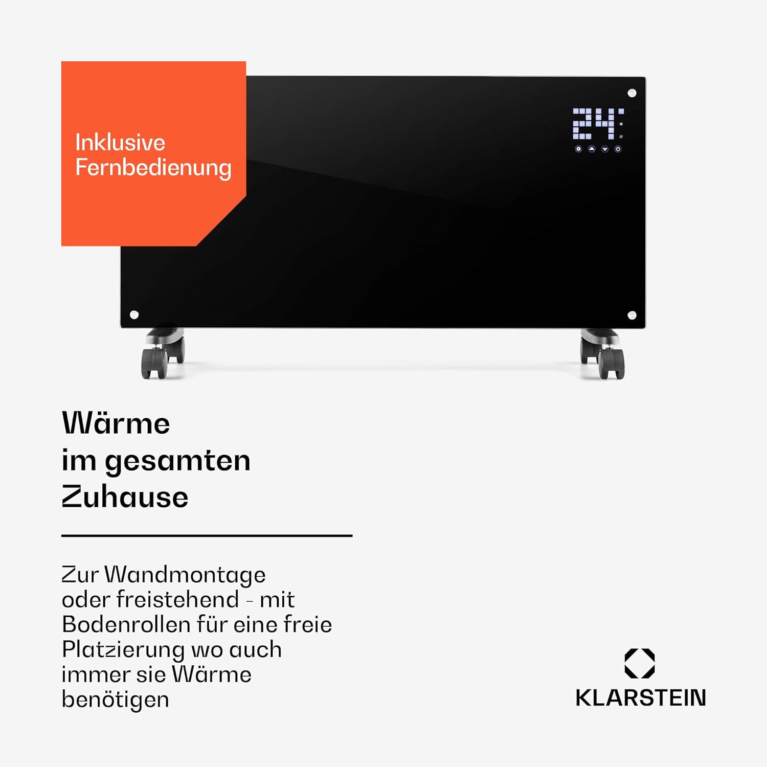 Klarstein Elektroheizung, Konvektor-Heizung mit Bodenrollen, Mobile Elektroheizung Energiesparend, Schlanke, Leise Heizung Elektrisch, Standgerät Heizkörper Elektrisch mit Thermostat, 2000 W