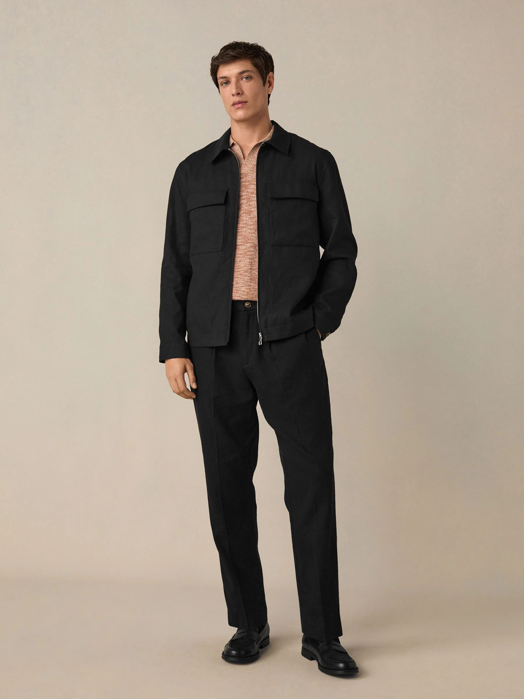 Zwart - Regular fit broek van katoen-linnenmix met elastische achterkant