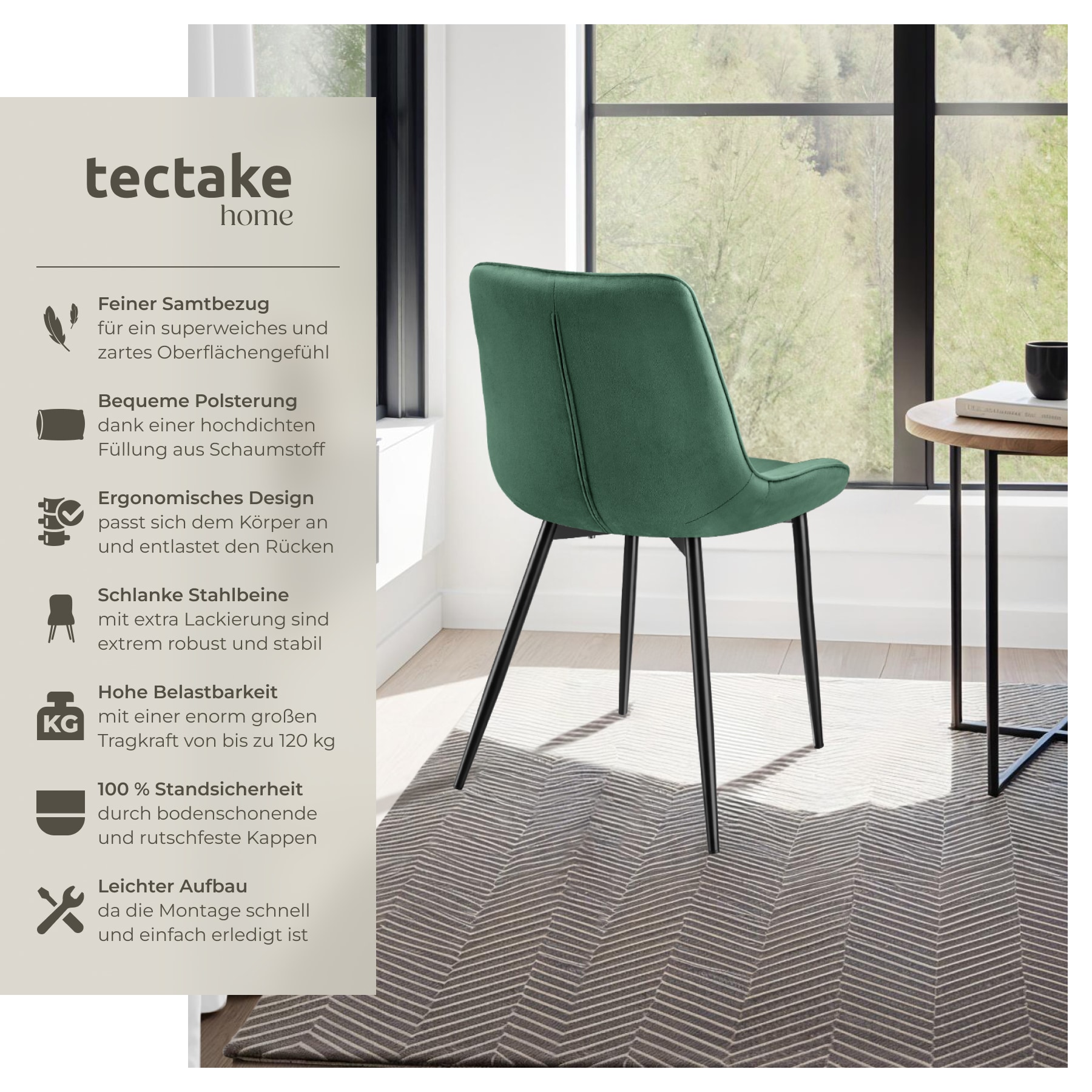 tectake® Set Stuhl, gepolstert, in Samtoptik, schwarze Stahlbeine, 48 x 59 x 82,5 cm