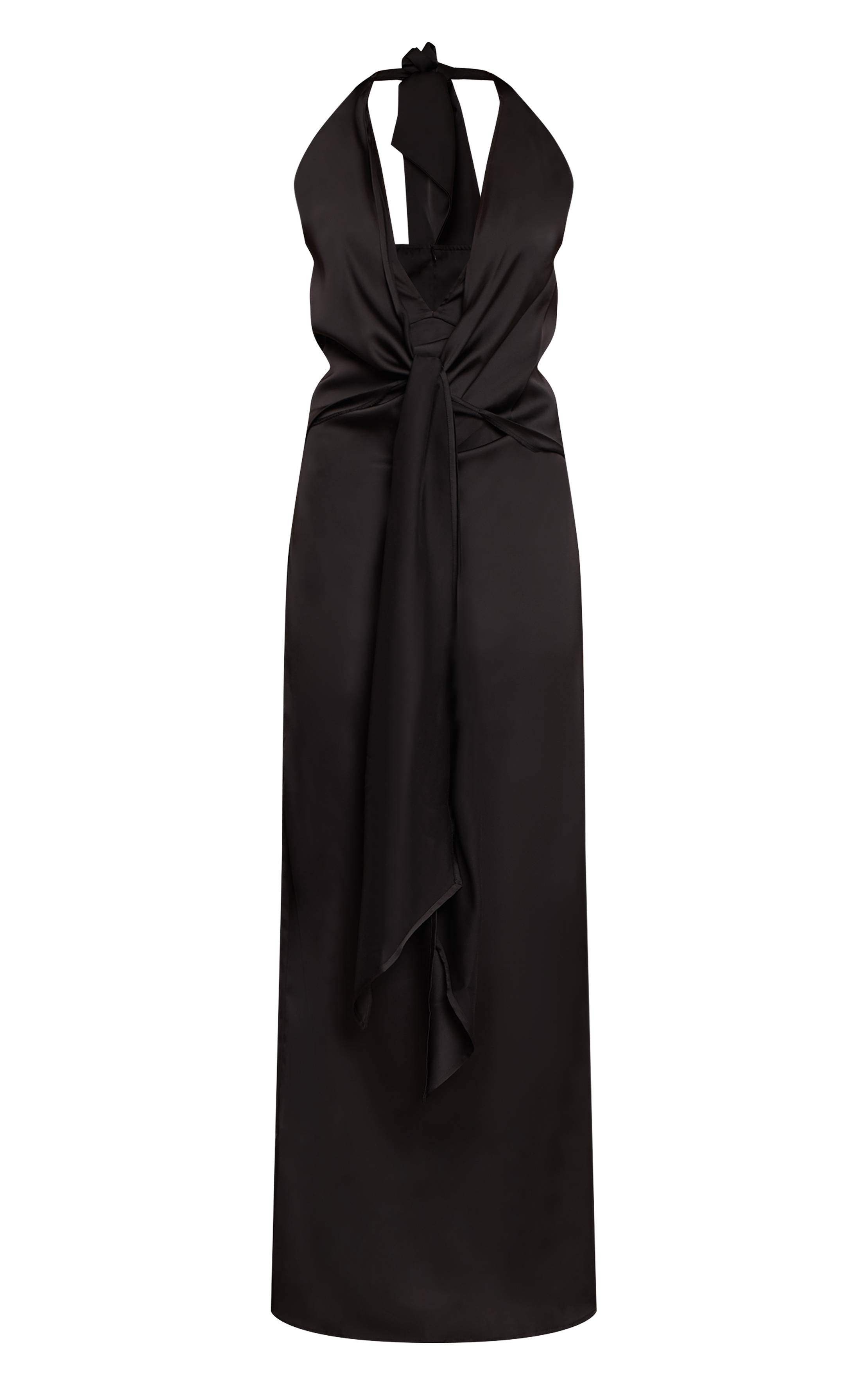 Noir Robe Longue En Satin À Col V Avec Détail Noué