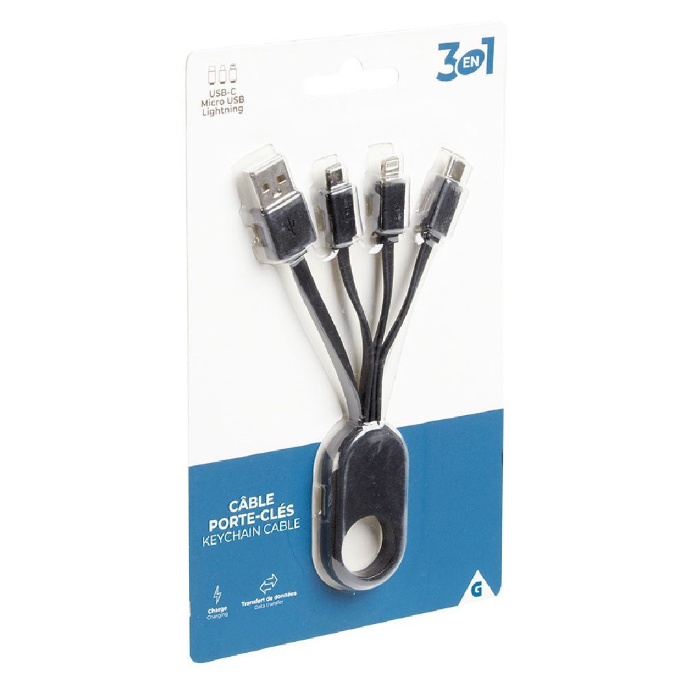 Porte clé câble de charge 3en1 lightning micro usb USBC blanc