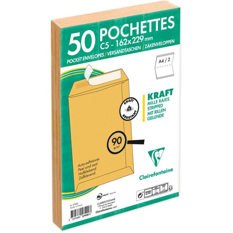 Paquet de 50 Pochettes Kraft Milleraies Brun C5-162x229 mm - Auto-Adhésives - 90g/m2 - Brun