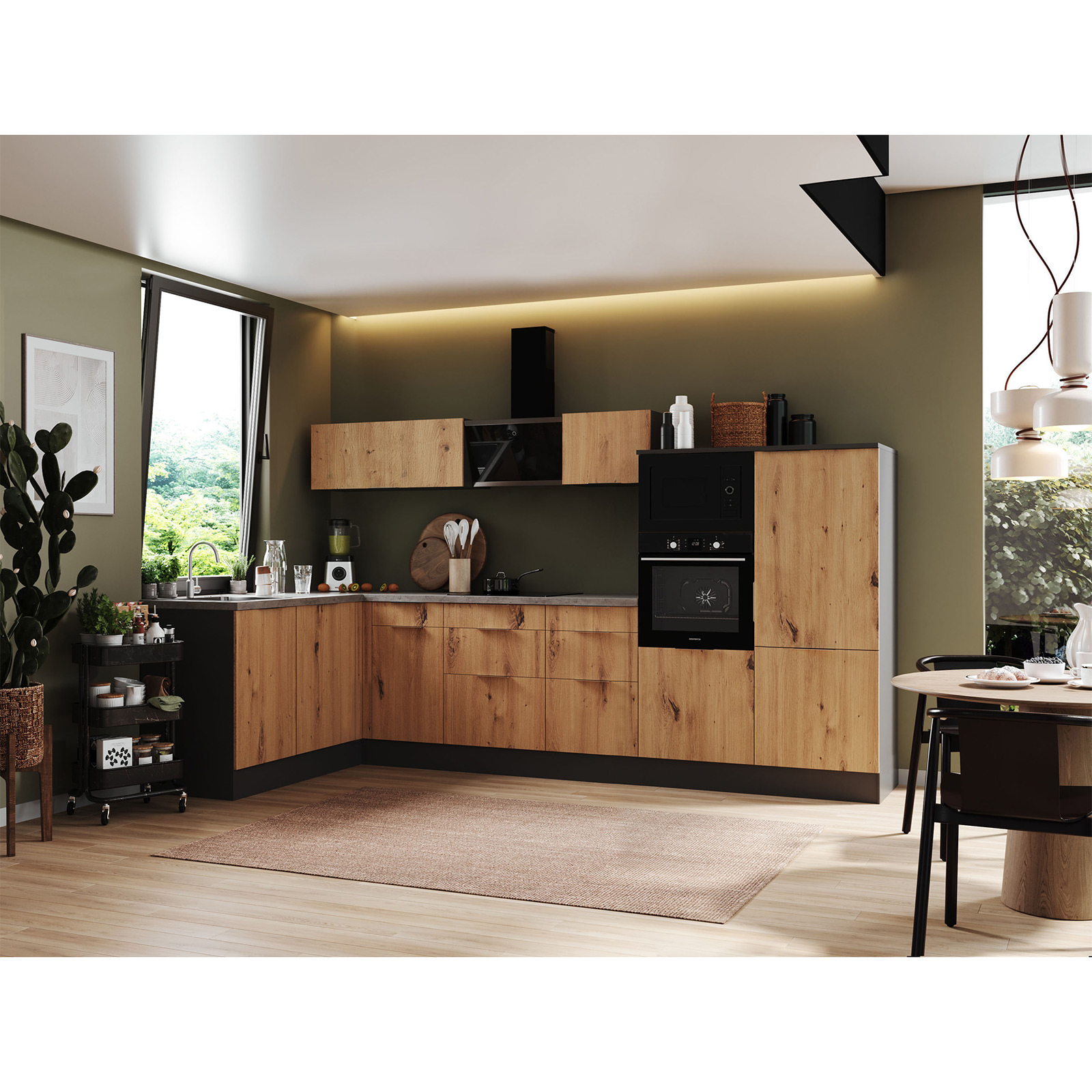 RESPEKTA Winkelküche - Artisan Eiche - grau matt - mit E-Geräten - 340x175 cm