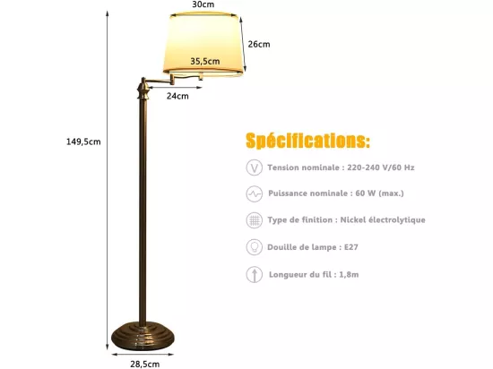 Lampadaire sur pied salon 152cm à bras oscillant 360° avec abat-jour pvc e27 socket