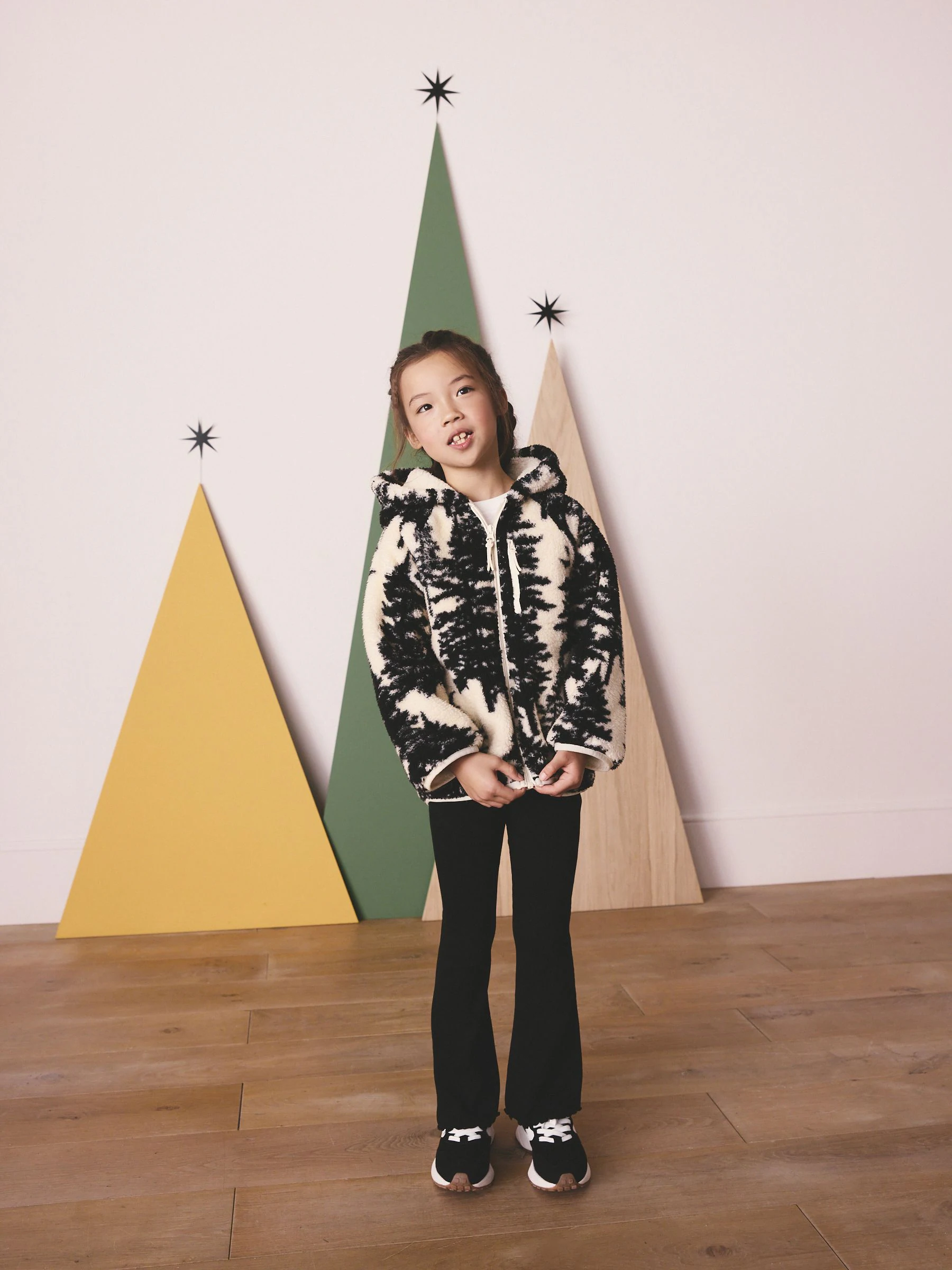 Black/Cream Tree Print - Matching Family Hooded Zip Borg Fleece Jacket (3-16yrs)