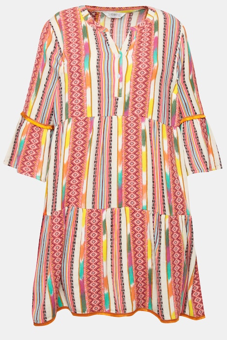 Kleid, Musterstreifen, Knopfleiste, Volants, 3/4-Ärmel