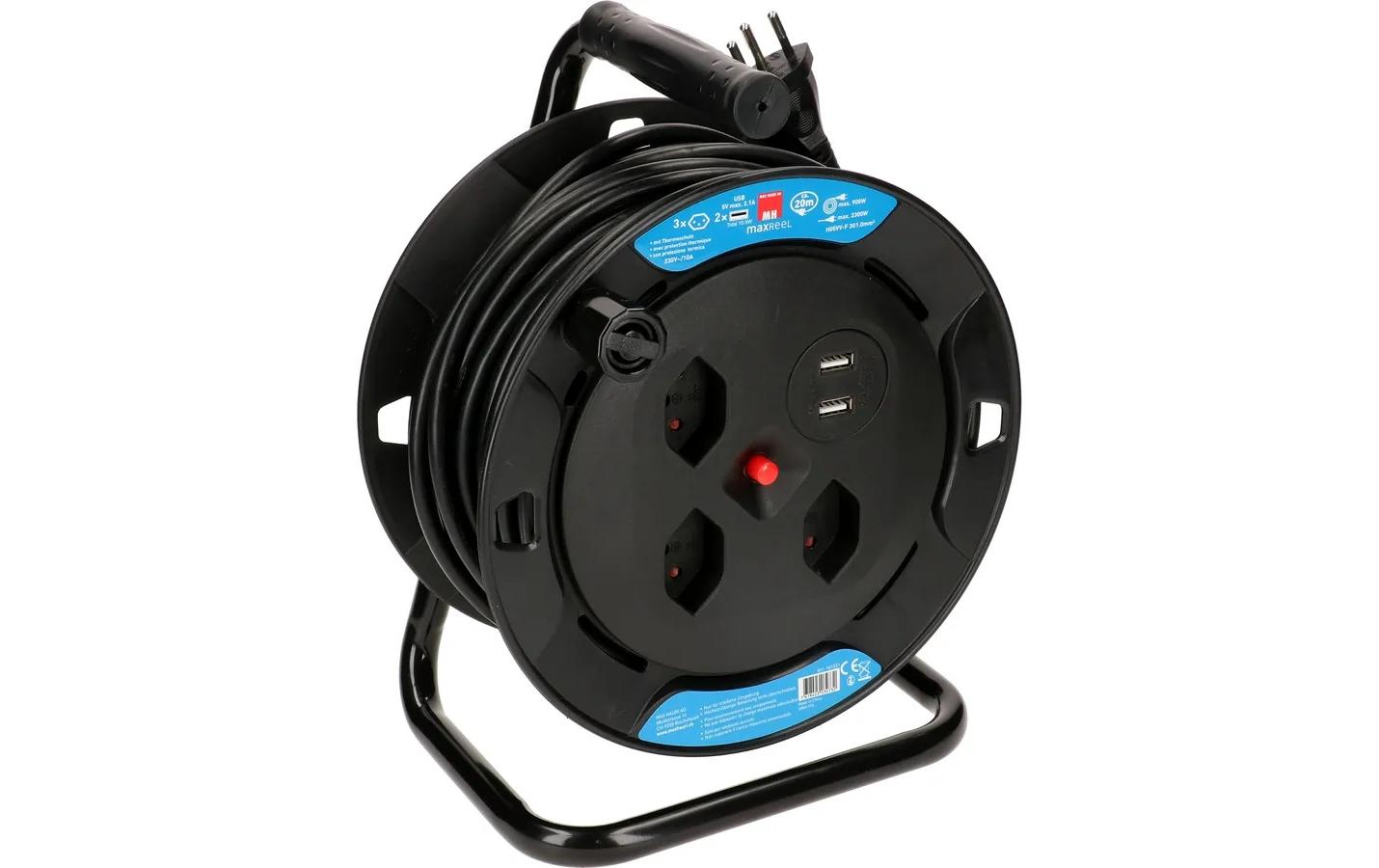 Kabelrolle 20 m, 3x T13, 2x USB SchwarzKabeltrommel mit 2x USB und 3x T13 Steckdose, Thermoschutz und Kinderschutz