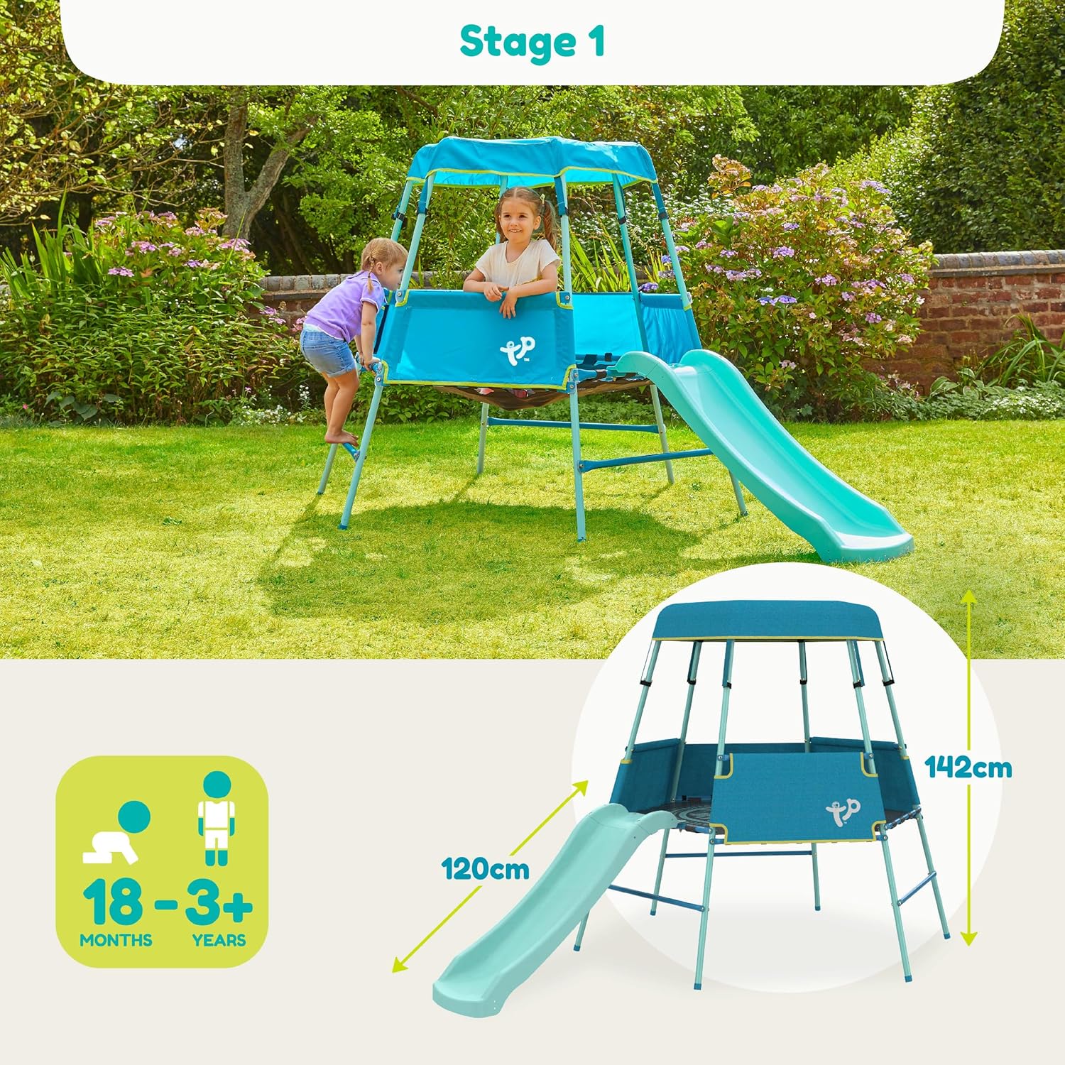 TP Growable Adventurer Klettergerüst aus Metall mit Rutsche und Vordach, höhenverstellbar, für Kinder von 18 Monaten bis 3 Jahren, langlebige Outdoor-Spielstruktur, fantasievolle Spielmatte inklusive
