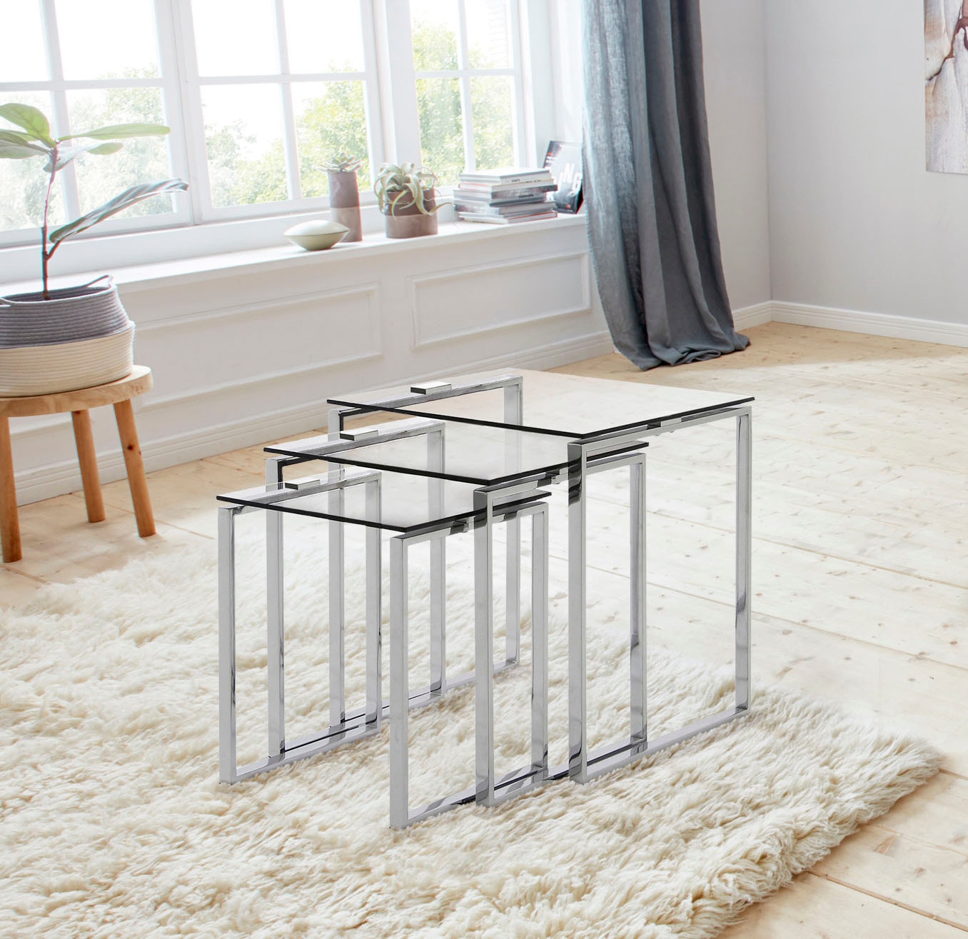 ACTONA GROUP Beistelltisch »Katrine Beistell-Set, TOPSELLER! 3 stück, modern« Set, Couchtisch, Sofatisch, OTTOs Choice,  Scandi-stil, klare Glasplatte, verchromtes Metallgestell, pflegeleicht