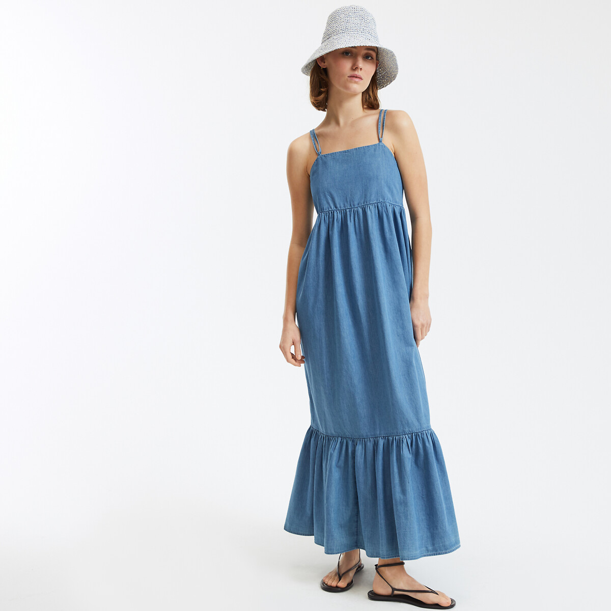 COLEÇÃO LA REDOUTE<br>Vestido longo jeans evasê com alças delicadas