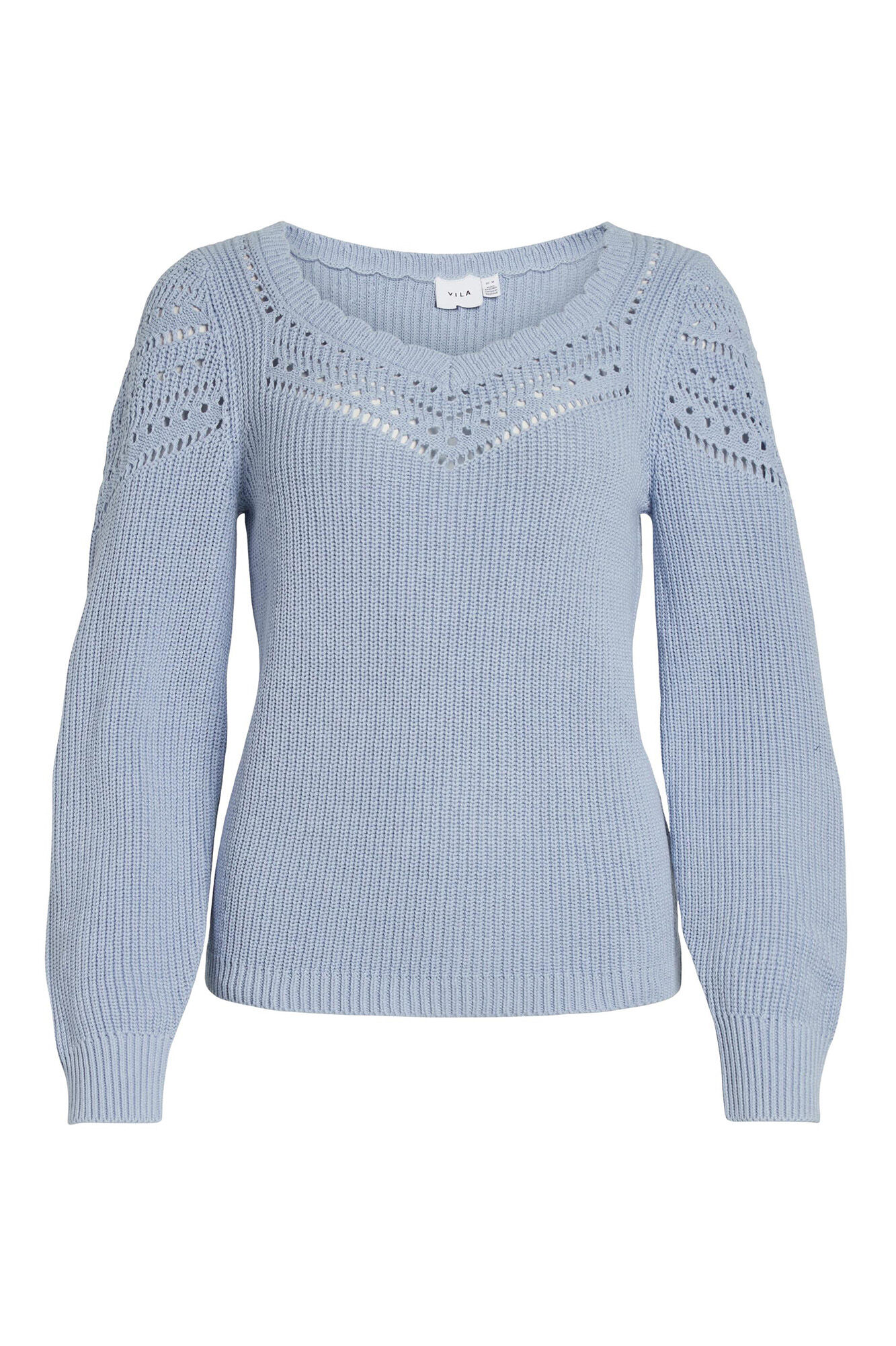 Malha Jersey de Manga Comprida com Detalhes em Ponto Arredondado - Azul