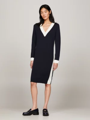Vestido de malha estilo universitário com decote em V e mistura de lã
